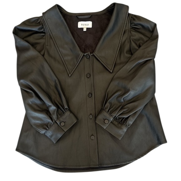Pistola Adina Black Puff Sleeve Black Faux Leather Blouse Size S - Picture 8 of 15